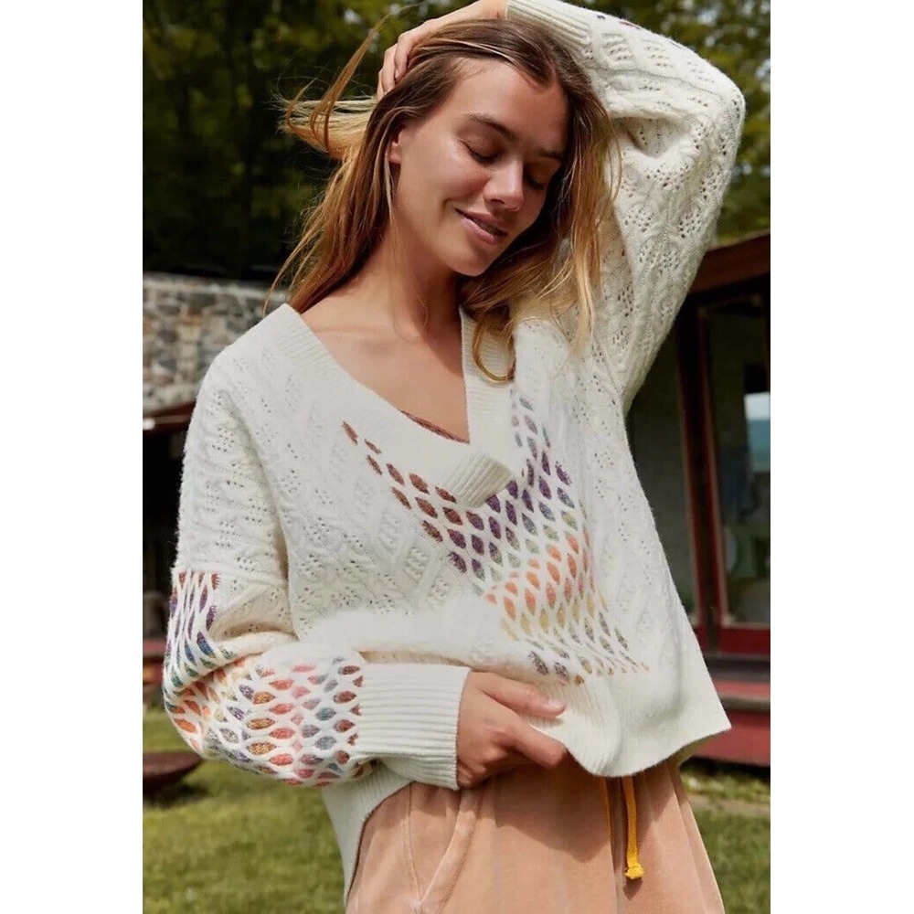 Anthropologie Maeve V-Neck Cable-Knit Lambs Wool Sweater Large Rainbow Boho Soft